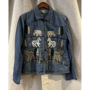 Vintage Carrie‎ Allen Denim Jacket Embroidered Animals Safari Size Large